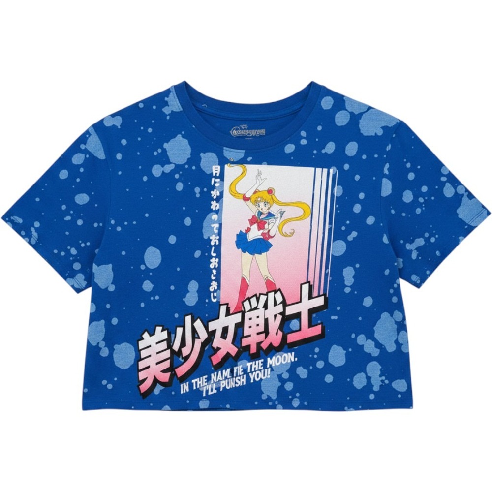 Sailor Moon Graphic Crop Top Blue Splatter Print Anime Tee XL